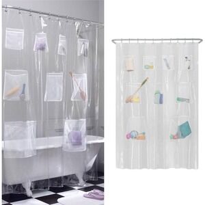 Shower Curtain Liner with 9 Pockets Clear Waterproof Organizer‎ -72 x 70/NWT